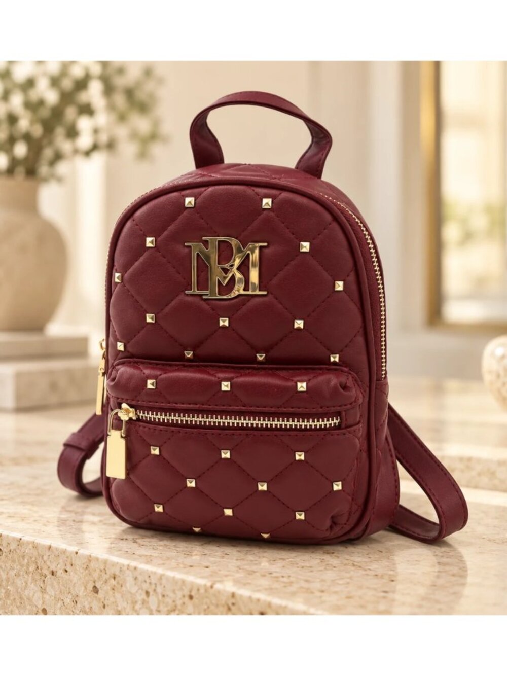 Badgley Mischka BM-4164 Burgundy Quilted Studded Mini Backpack NWT